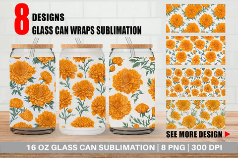 Glass Can Wrap Marigold Flower Pattern Sublimation artnoy 