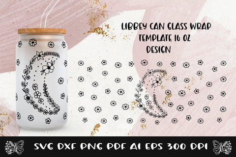 Glass Can Wrap Moon Flower SVG. Libbey Glass Can Full Wrap. SVG Samaha Design 