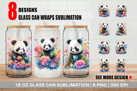 Glass Can Wrap Panda and Flower Sublimation artnoy 