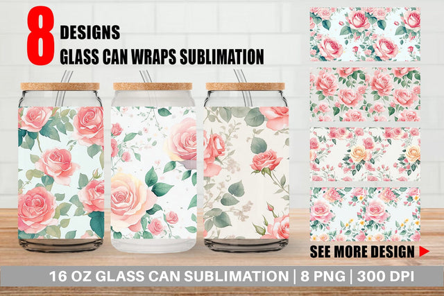 Glass Can Wrap Rose Flower Pattern Sublimation artnoy 