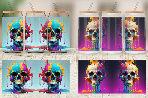 Glass Can Wrap Skull Colorful Splash Sublimation artnoy 