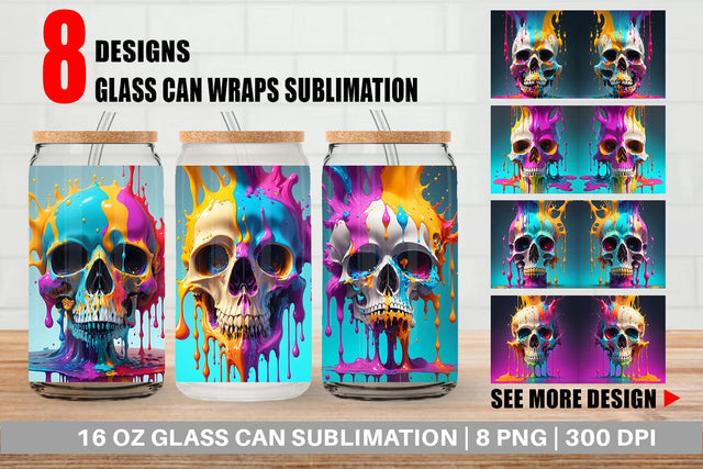 Glass Can Wrap Skull Colorful Splash Sublimation artnoy 