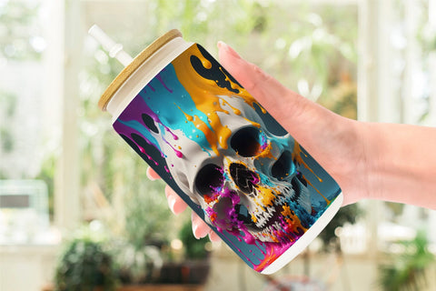 Glass Can Wrap Skull Colorful Splash Sublimation artnoy 