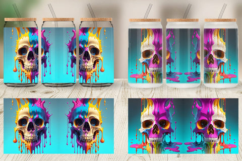 Glass Can Wrap Skull Colorful Splash Sublimation artnoy 