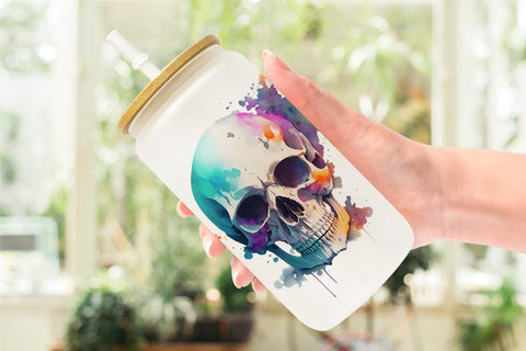 Glass Can Wrap Skull Spooky Splash Watercolor Sublimation artnoy 