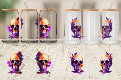 Glass Can Wrap Skull Spooky Splash Watercolor Sublimation artnoy 
