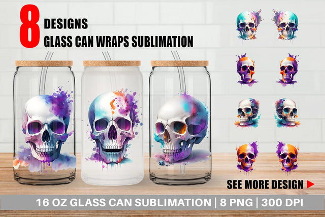 Glass Can Wrap Skull Spooky Splash Watercolor Sublimation artnoy 