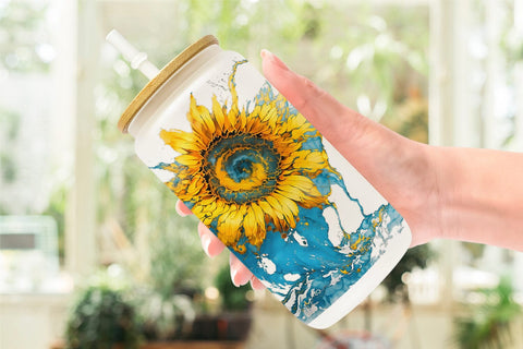 Glass Can Wrap Splash Water Sunflower Sublimation artnoy 