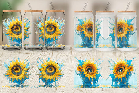 Glass Can Wrap Splash Water Sunflower Sublimation artnoy 