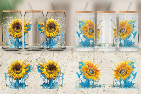 Glass Can Wrap Splash Water Sunflower Sublimation artnoy 