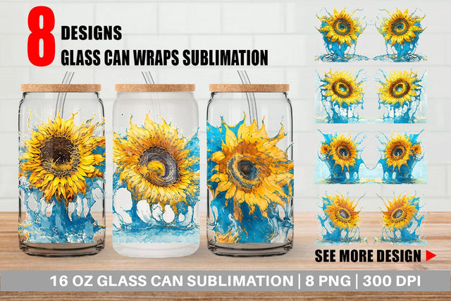 Glass Can Wrap Splash Water Sunflower Sublimation artnoy 
