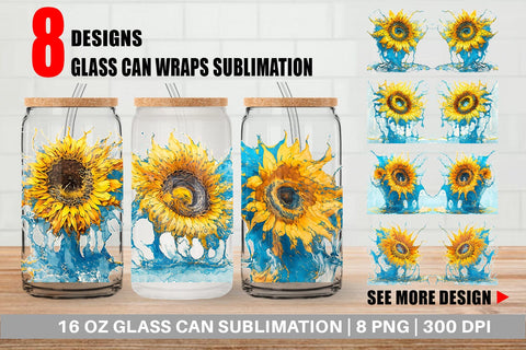 Glass Can Wrap Splash Water Sunflower Sublimation artnoy 
