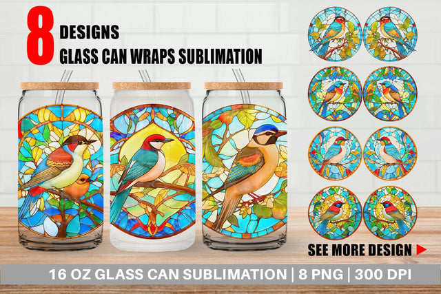 Glass Can Wrap Stained Glass Bird Illustration Sublimation artnoy 