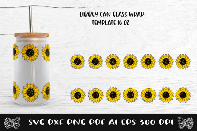 Glass Can Wrap Sunflower Border SVG. Libbey Glass Full Wrap. SVG Samaha Design 