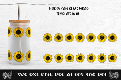Glass Can Wrap Sunflower Border SVG. Libbey Glass Full Wrap. SVG Samaha Design 