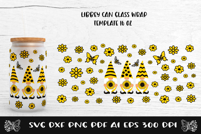 Glass Can Wrap Sunflower Gnome SVG. Libbey Glass Full Wrap. SVG Samaha Design 