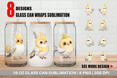 Glass Can Wrap Сute Cockatiel Sublimation artnoy 