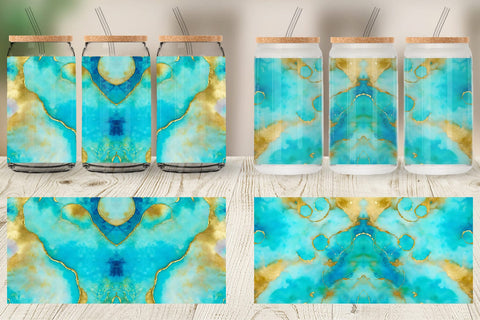 Glass Can Wrap Turquoise Gold Alcohol Ink Texture Sublimation artnoy 