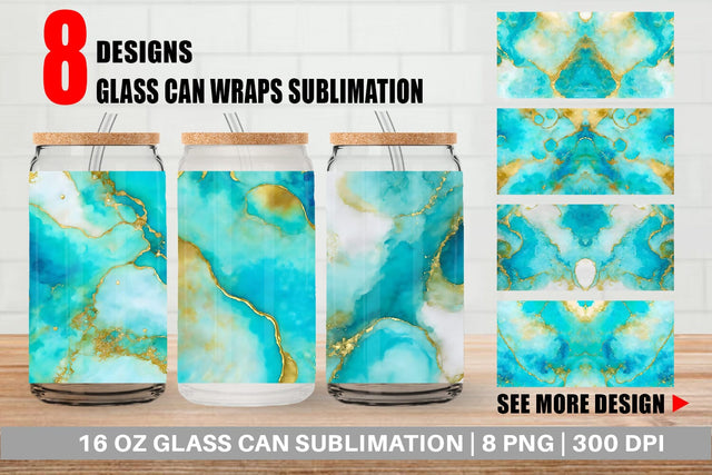 Glass Can Wrap Turquoise Gold Alcohol Ink Texture Sublimation artnoy 