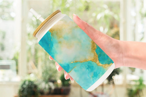 Glass Can Wrap Turquoise Gold Alcohol Ink Texture Sublimation artnoy 