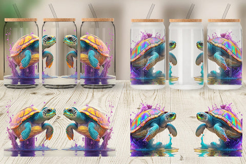 Glass Can Wrap Turtle with Splash Colorful Sublimation artnoy 