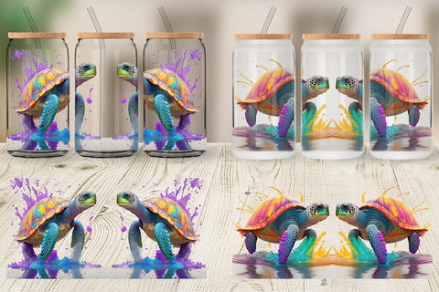 Glass Can Wrap Turtle with Splash Colorful Sublimation artnoy 