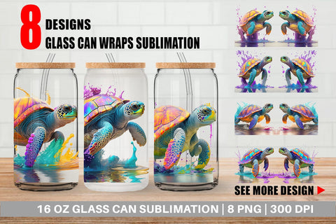 Glass Can Wrap Turtle with Splash Colorful Sublimation artnoy 
