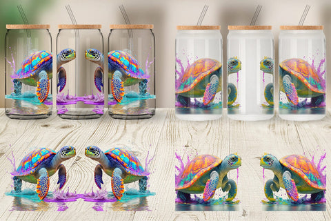 Glass Can Wrap Turtle with Splash Colorful Sublimation artnoy 