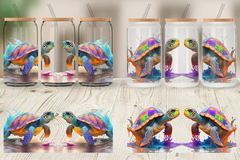 Glass Can Wrap Turtle with Splash Colorful Sublimation artnoy 