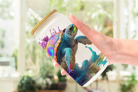 Glass Can Wrap Turtle with Splash Colorful Sublimation artnoy 