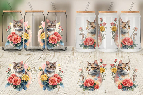 Glass Can Wrap Watercolor Cat Flower Sublimation artnoy 