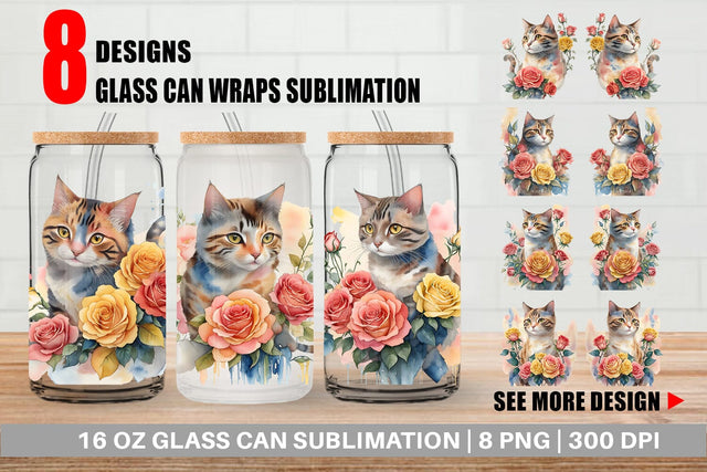 Glass Can Wrap Watercolor Cat Flower Sublimation artnoy 