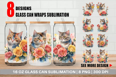Glass Can Wrap Watercolor Cat Flower Sublimation artnoy 