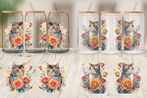 Glass Can Wrap Watercolor Cat Flower Sublimation artnoy 