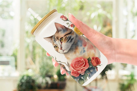 Glass Can Wrap Watercolor Cat Flower Sublimation artnoy 