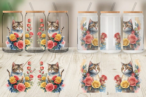 Glass Can Wrap Watercolor Cat Flower Sublimation artnoy 