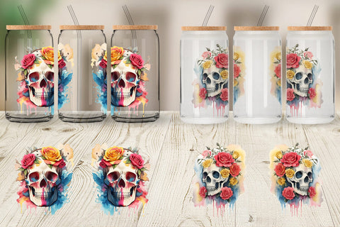 Glass Can Wrap Watercolor Skull Flower Sublimation artnoy 