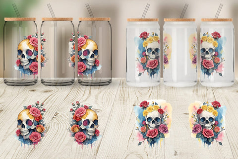 Glass Can Wrap Watercolor Skull Flower Sublimation artnoy 
