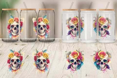 Glass Can Wrap Watercolor Skull Flower Sublimation artnoy 