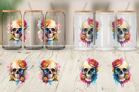 Glass Can Wrap Watercolor Skull Flower Sublimation artnoy 