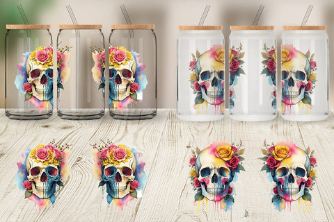 Glass Can Wrap Watercolor Skull Flower Sublimation artnoy 