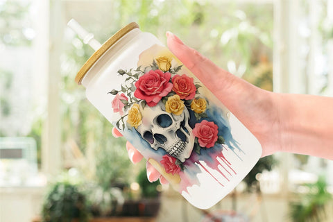 Glass Can Wrap Watercolor Skull Flower Sublimation artnoy 