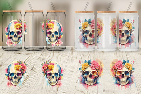 Glass Can Wrap Watercolor Skull Flower Sublimation artnoy 