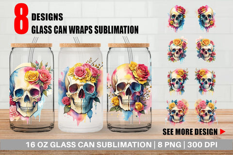 Glass Can Wrap Watercolor Skull Flower Sublimation artnoy 