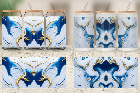 Glass Can Wrap White Blue Liquid marble Sublimation artnoy 