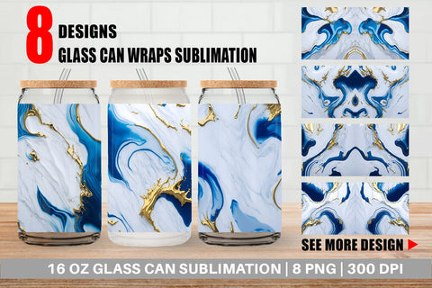 Glass Can Wrap White Blue Liquid marble Sublimation artnoy 