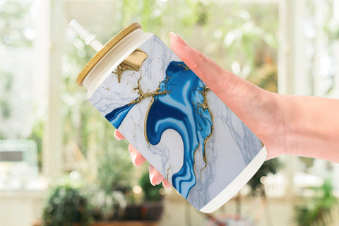 Glass Can Wrap White Blue Liquid marble Sublimation artnoy 