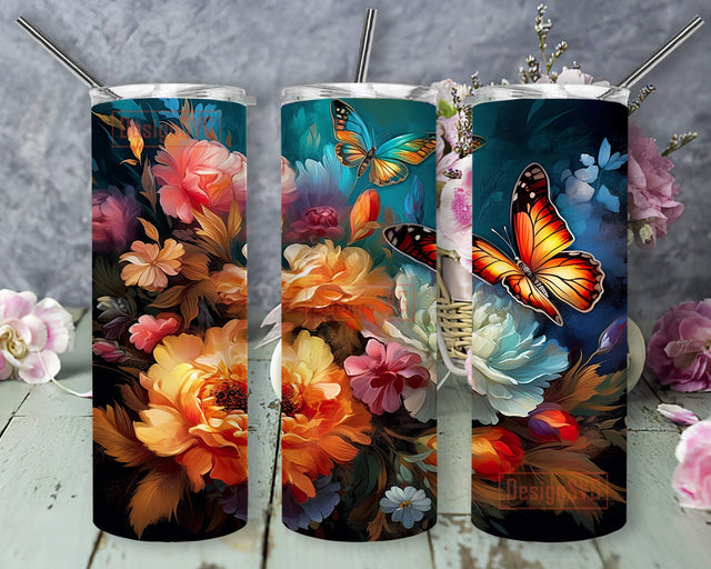 Glassmorphism Vibrant Flowers With Butterfly 20oz Skinny Tumbler Png, Vibrant Flowers With Butterfly Tumbler, Vibrant Flowers Tumbler, Neon Butterflies Floral Tumbler Sublimation DesignSVG 