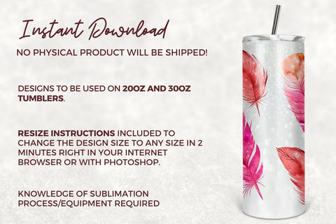 Glitter 20 oz Skinny Tumbler Sublimation Design Template Feather Glitter Tumbler Design Straight & Tapered Digital Download PNG Sublimation TumblersByPhill 