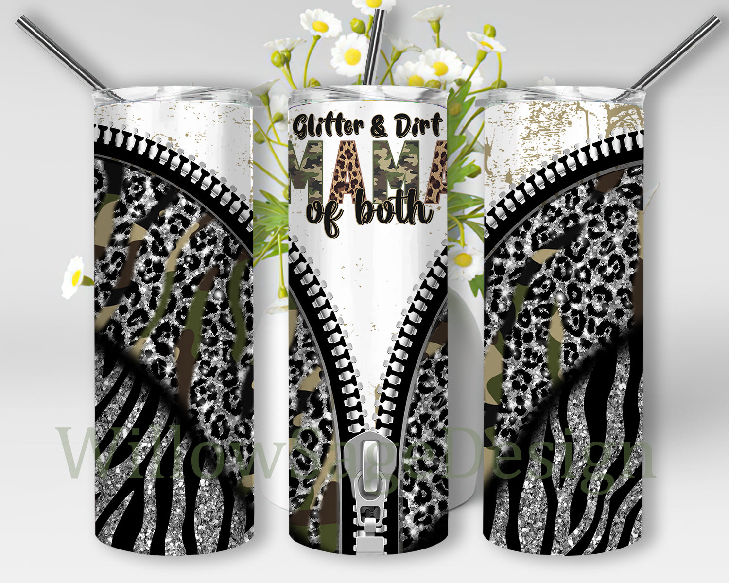 Mama Tumbler, Glitter and Dirt Mama of Both 20oz Skinny Tumbler